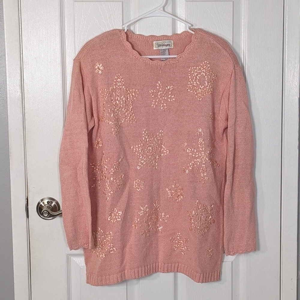 Vintage Worthington Pink Ribbon Embroidered Ramie‎ Holiday Sweater Size Medium